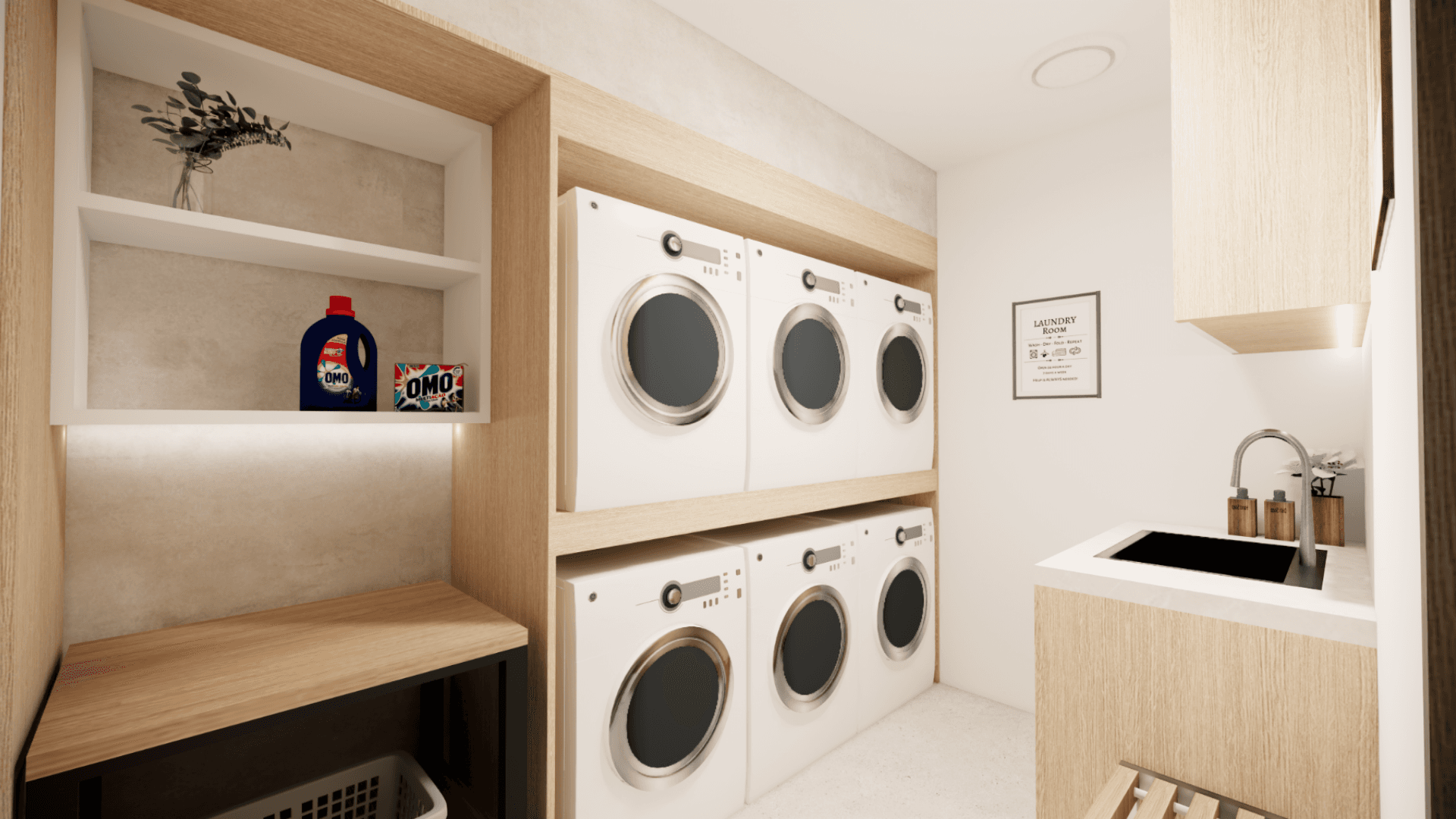 The shared laundry suite with stacked machines and warm wood shelving.