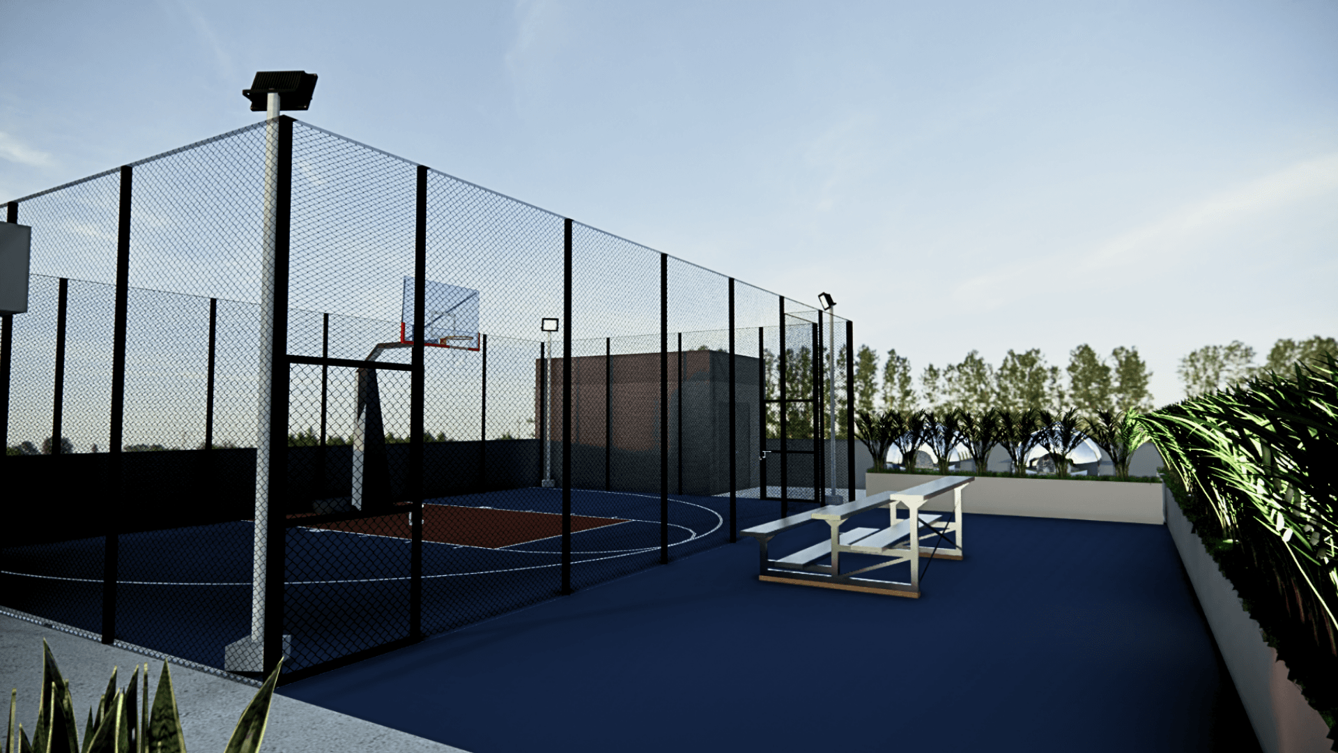 The rooftop multi-purpose sports court under an open sky.