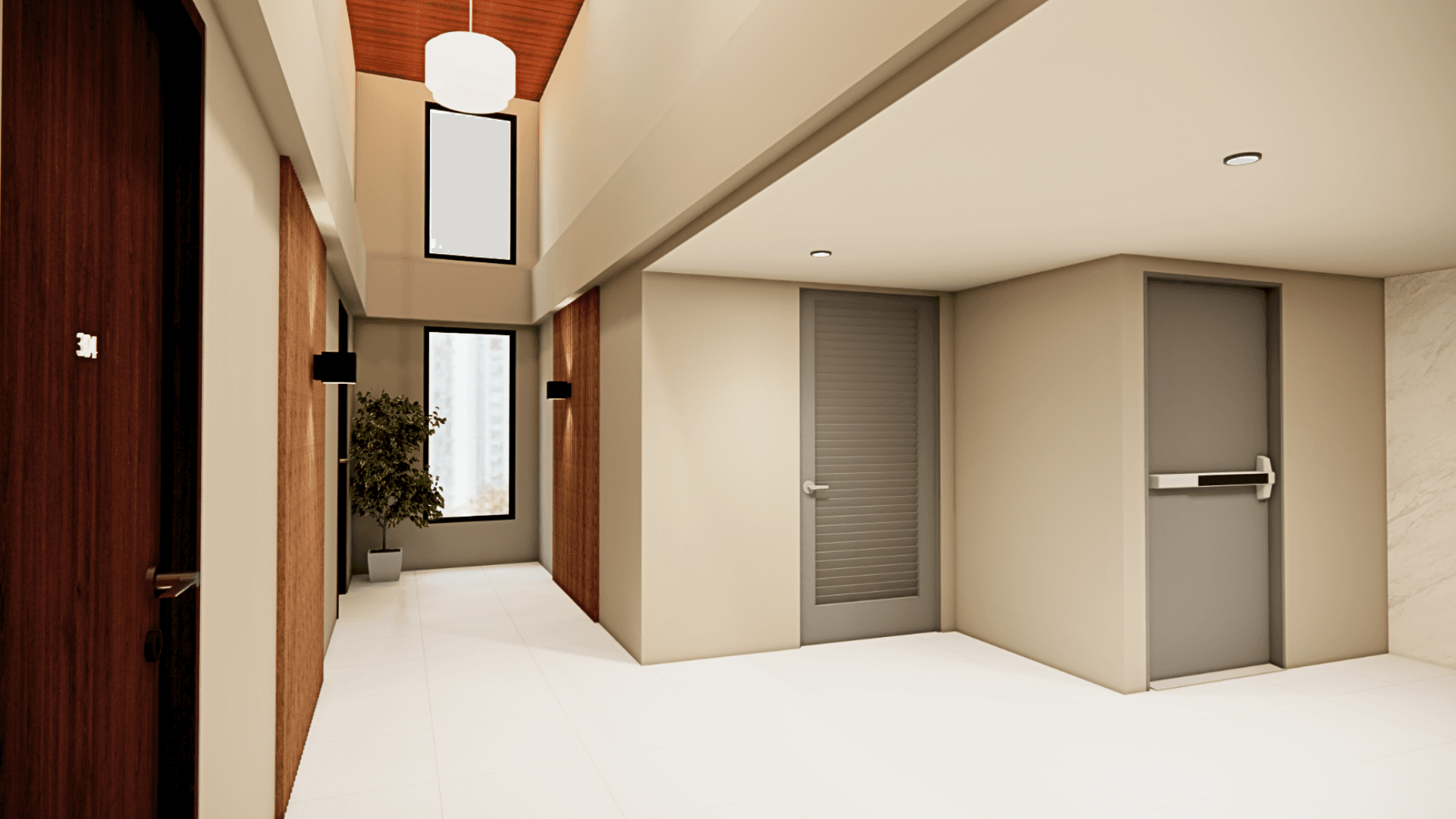A residential corridor at Aleevia Carter, lined with warm timber panelling and lit by a tall window at the far end.