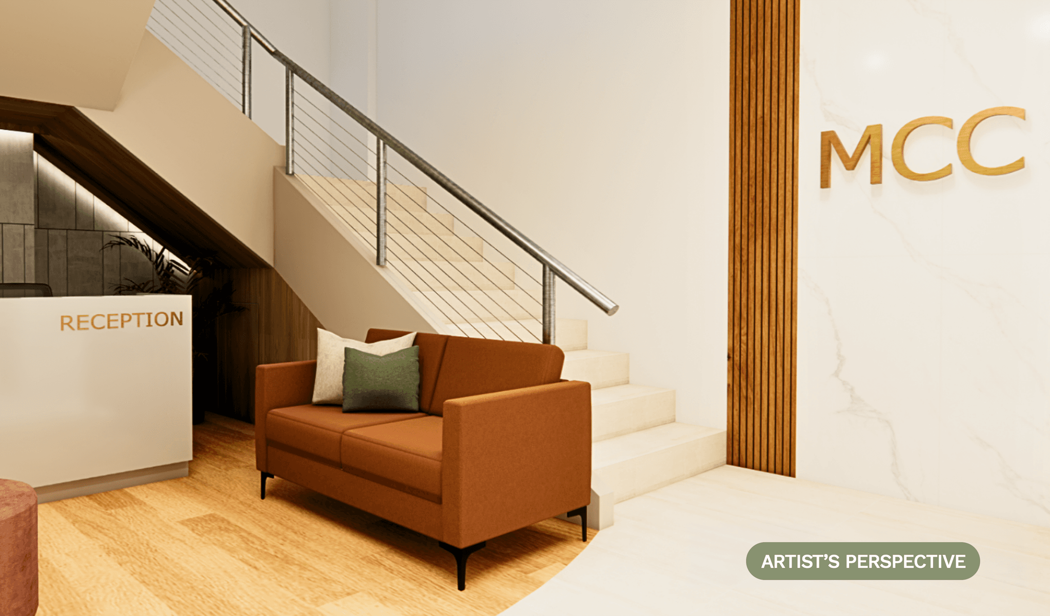 Artist's perspective of the reception and lounge: a welcome desk, a rust-coloured sofa, timber flooring, and a staircase rising past a marble wall.