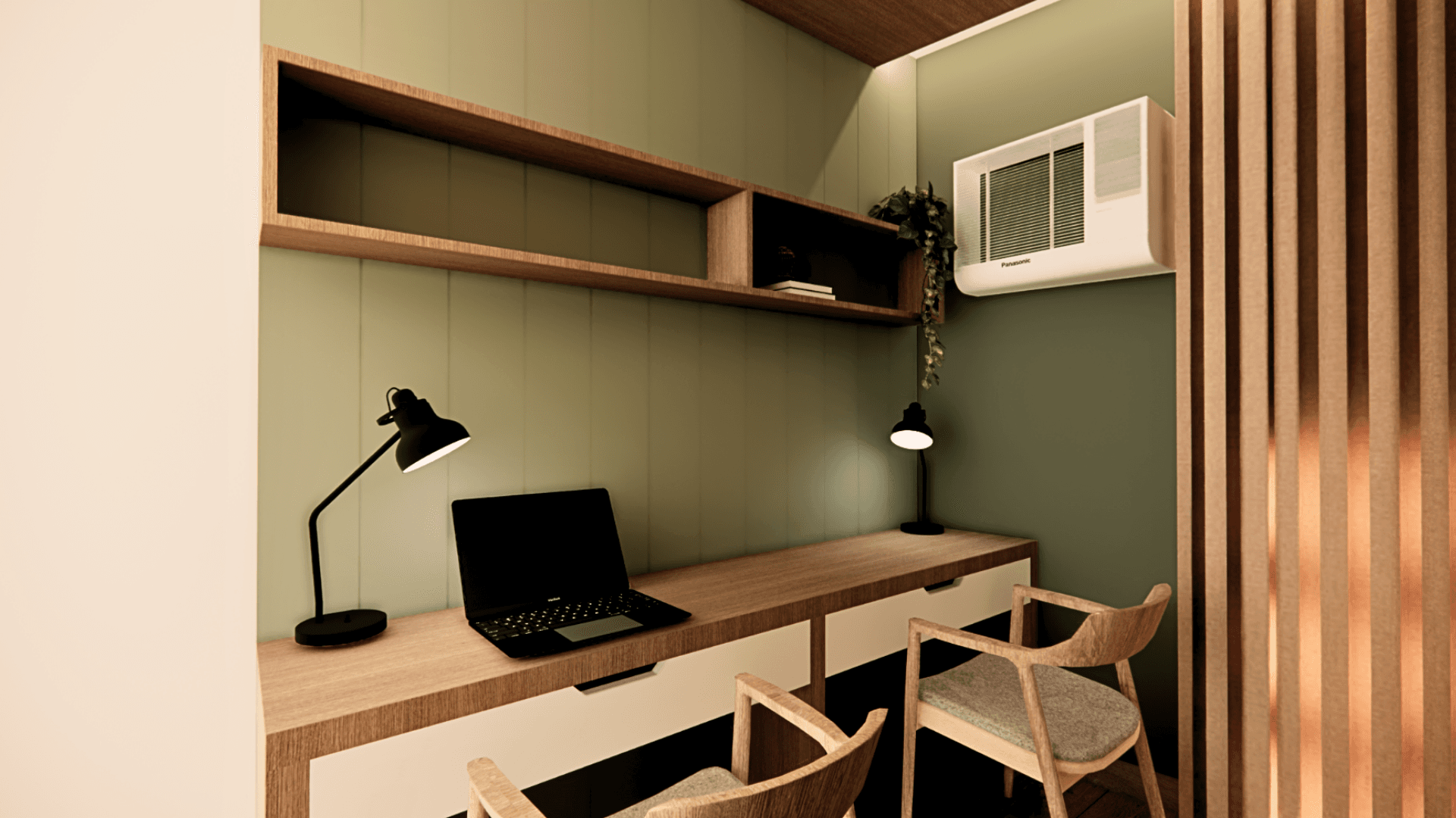 The 1-Bedroom Loft built-in two-seat workspace with sage cabinetry and warm timber slats.