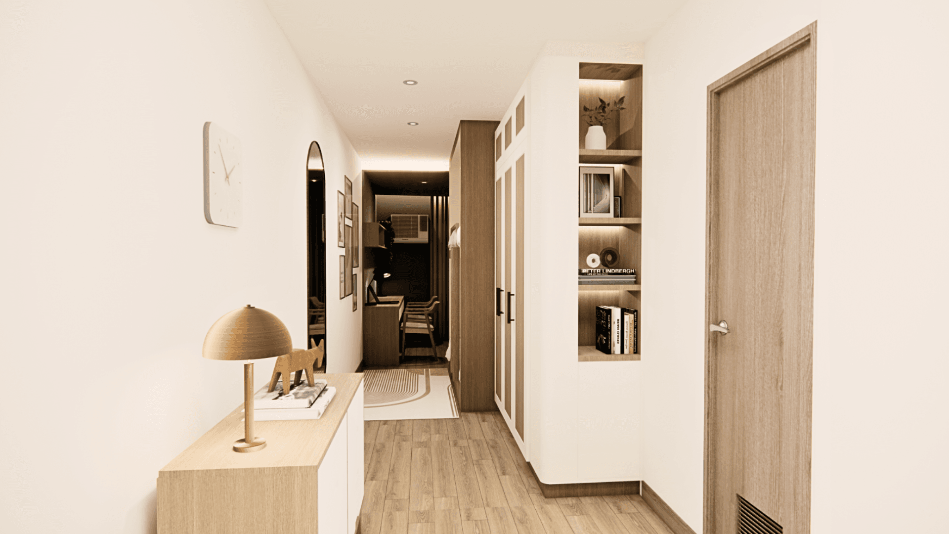 The 1-Bedroom Loft entry corridor with pale joinery, a console desk, and built-in storage.