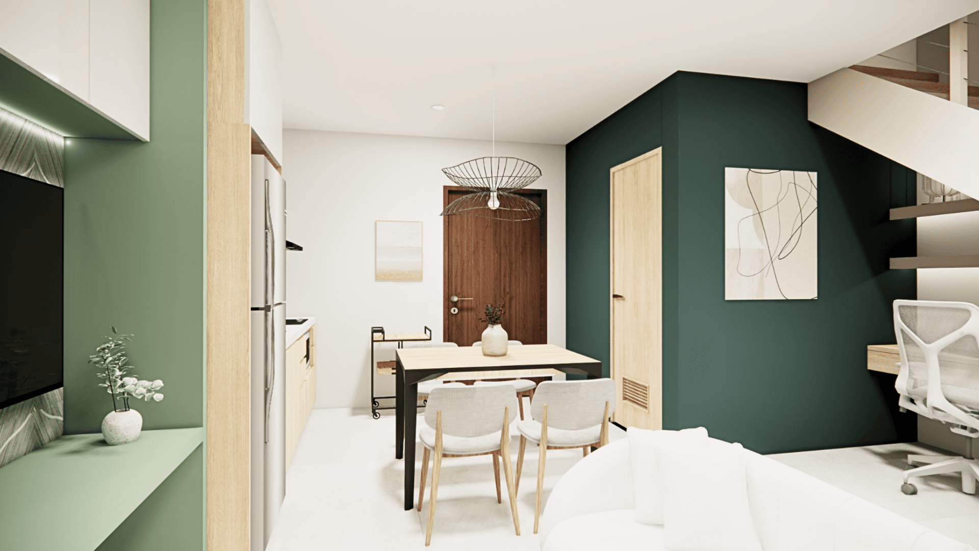 A warm living and dining space at Aleevia Carter: forest-green feature wall, oak joinery, and soft afternoon light.