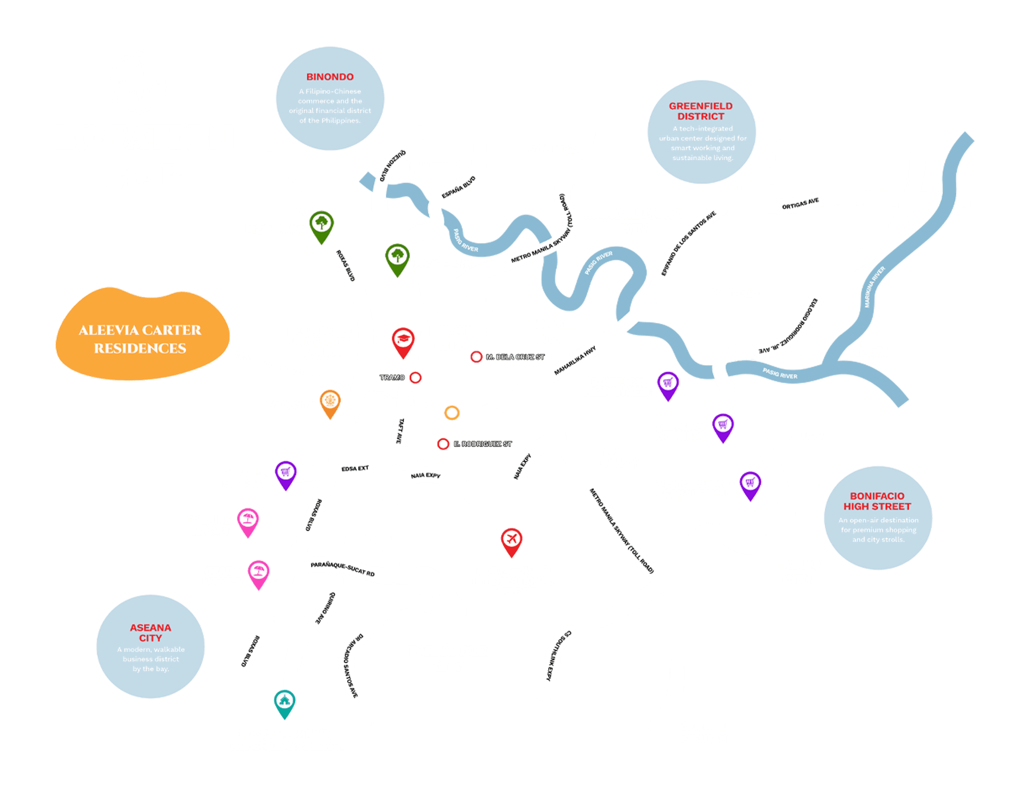Neighbourhood map locating Aleevia Carter Residences in Pasay City, with nearby malls, schools, and hospitals.