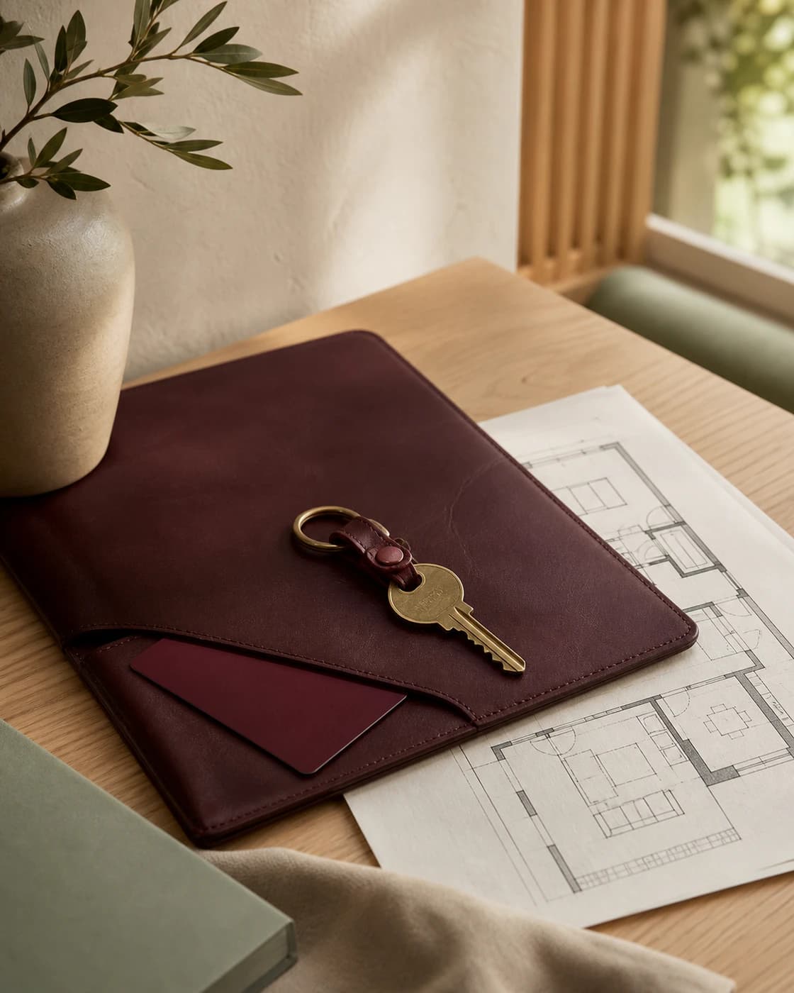 A brass house key on a burgundy loan folio and architectural plans in a warm Japandi interior.