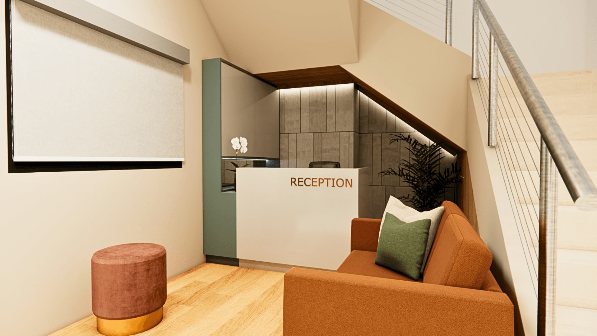 A Japandi interior at Aleevia Carter: pale plaster walls, oak shelving, and a soft seafoam accent.