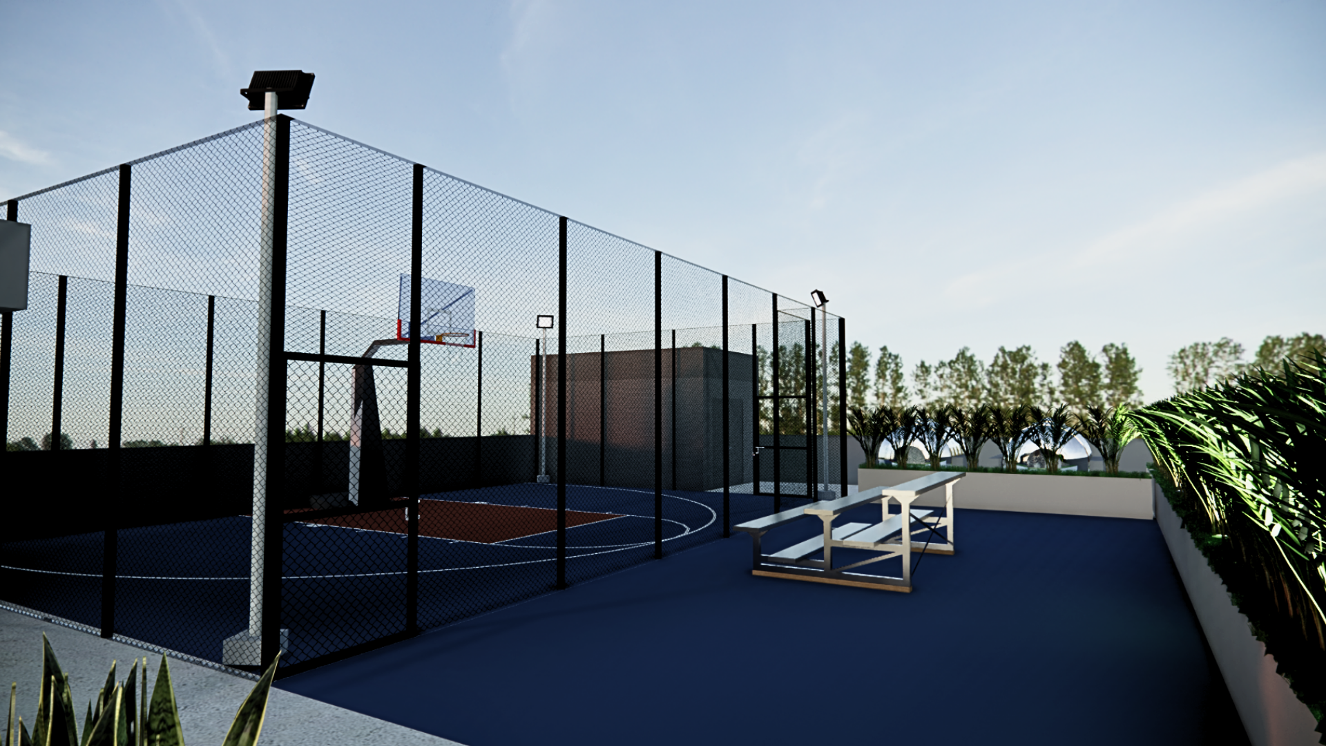 The rooftop sports court.